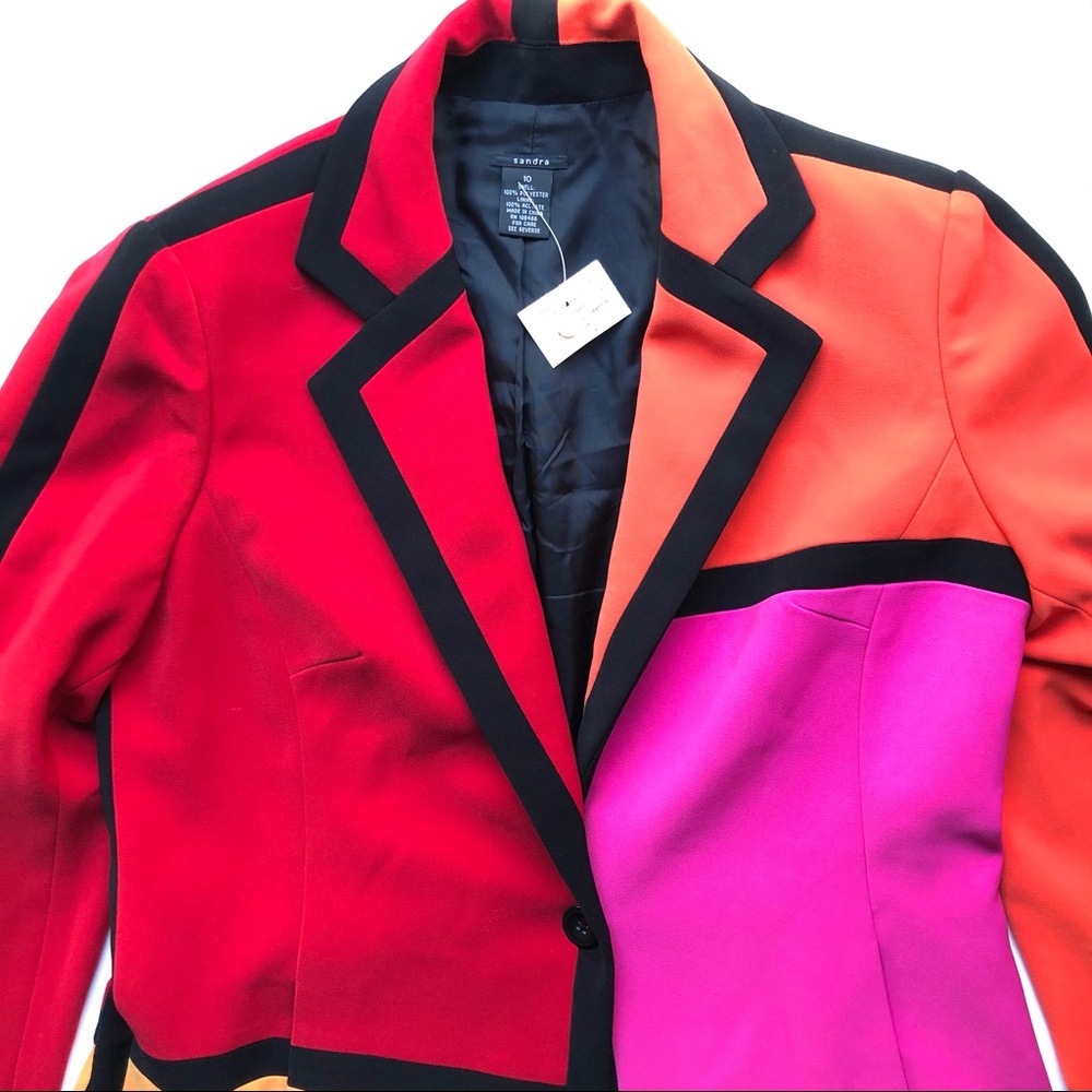 Vintage Sandra Blazer 90s Color Block Long Jacket Pink Orange Red Black - Picture 4 of 14